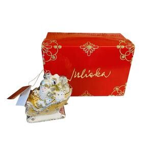 New in Box Juliska 2021 Santa in Sleigh Blown Glass Christmas Ornament 5.25”